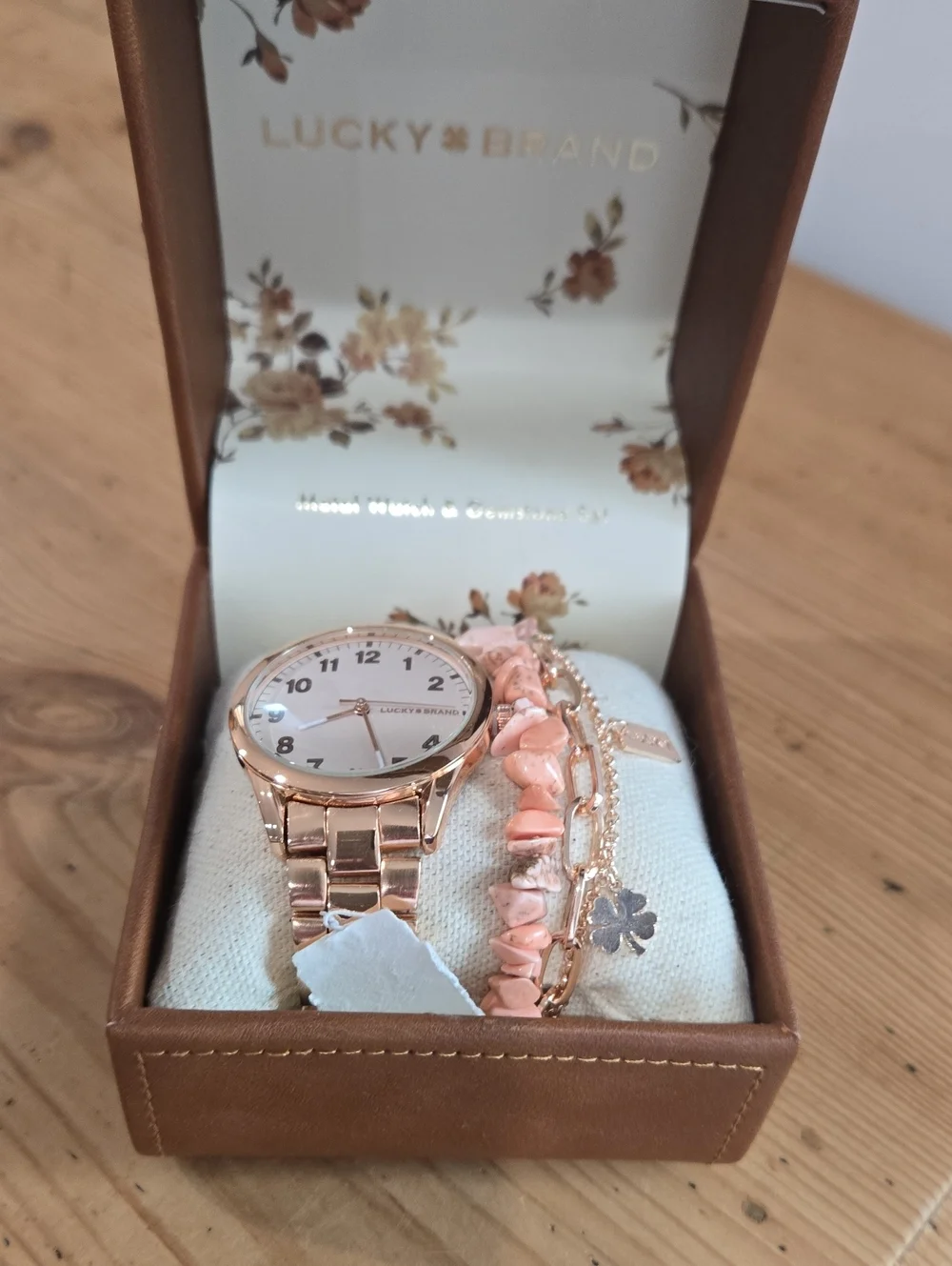 Lucky Brand Rose Gold Watch with Pink Bead and Charm Bracelets